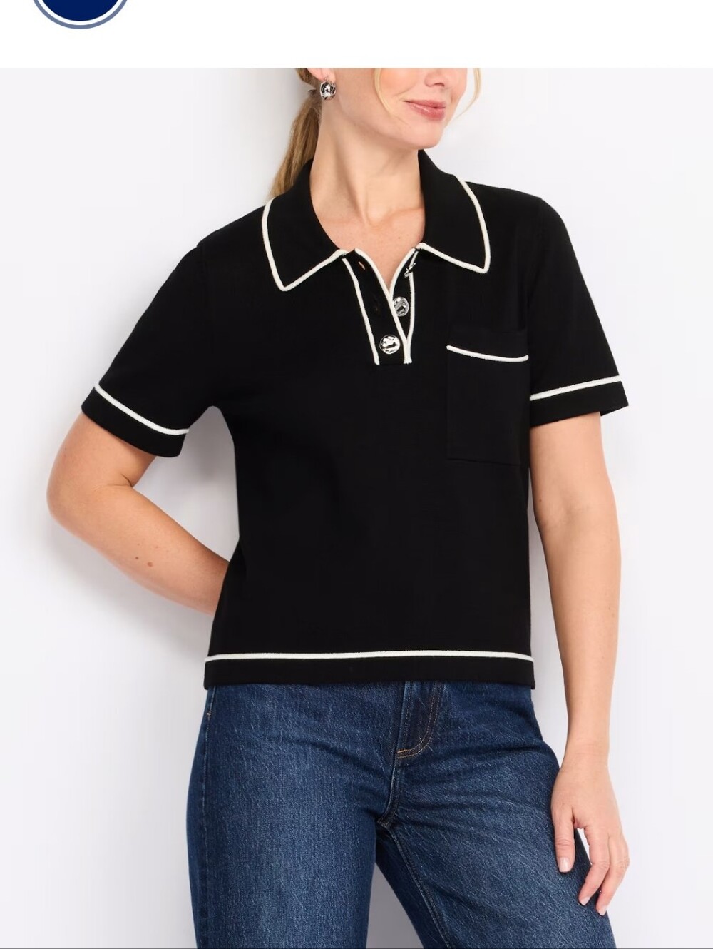 bobeau Black Short-Sleeve Button-Front Polo with White Piping